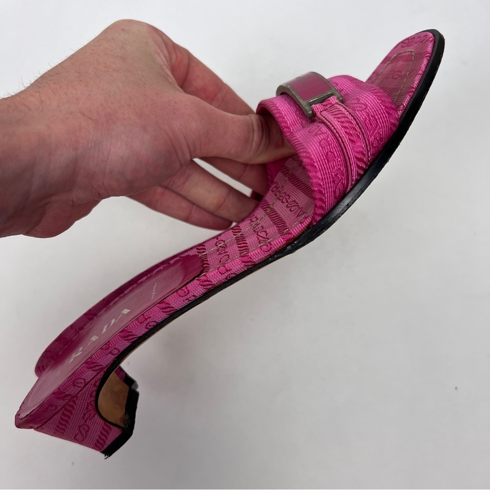 Prada Y2K 2000s Pink Logo Plaque Kitten Heel Sandals - Picture 5 of 6